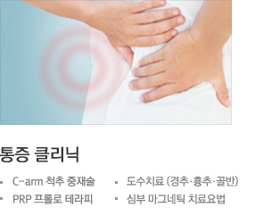 통증 클리닉 C-arm 척추 중재술 PRP 프롤로 테라피 도수치료 (경추.흉추.골반) 심부 마그네틱 치료요법